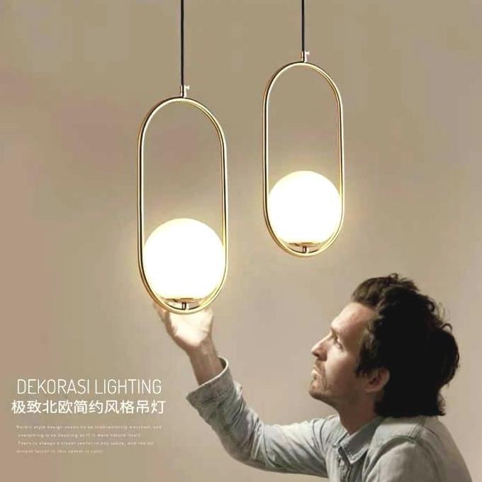 L472 Lampu gantung gold bola kaca susu modern minimalis bentuk oval