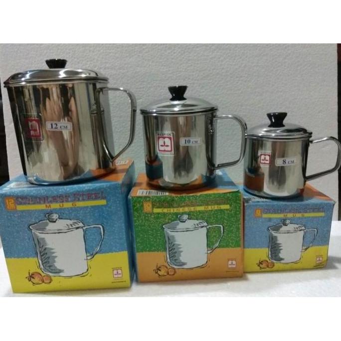 Maspion mug stainless steel + tutup 12cm / gelas stainless 12cm