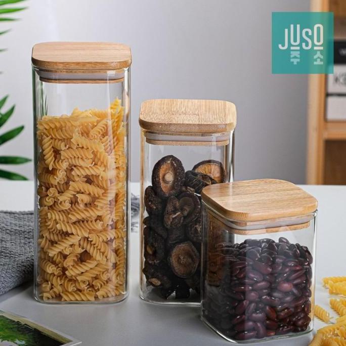 Toples Kaca Tutup Kayu Kontainer Makanan Bumbu Cemilan Bening Estetik