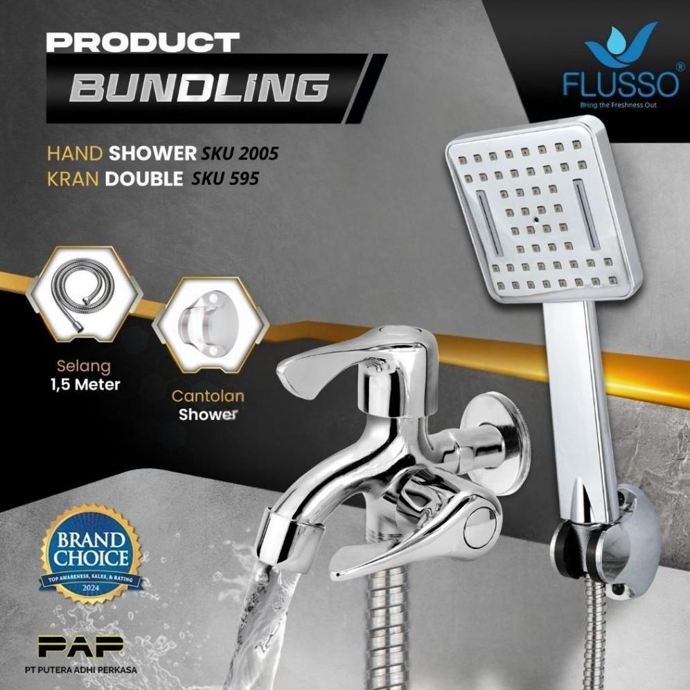 Flusso Paket Hemat Shower Set Komplit + Keran Double Flusso Original Garansi Series 595