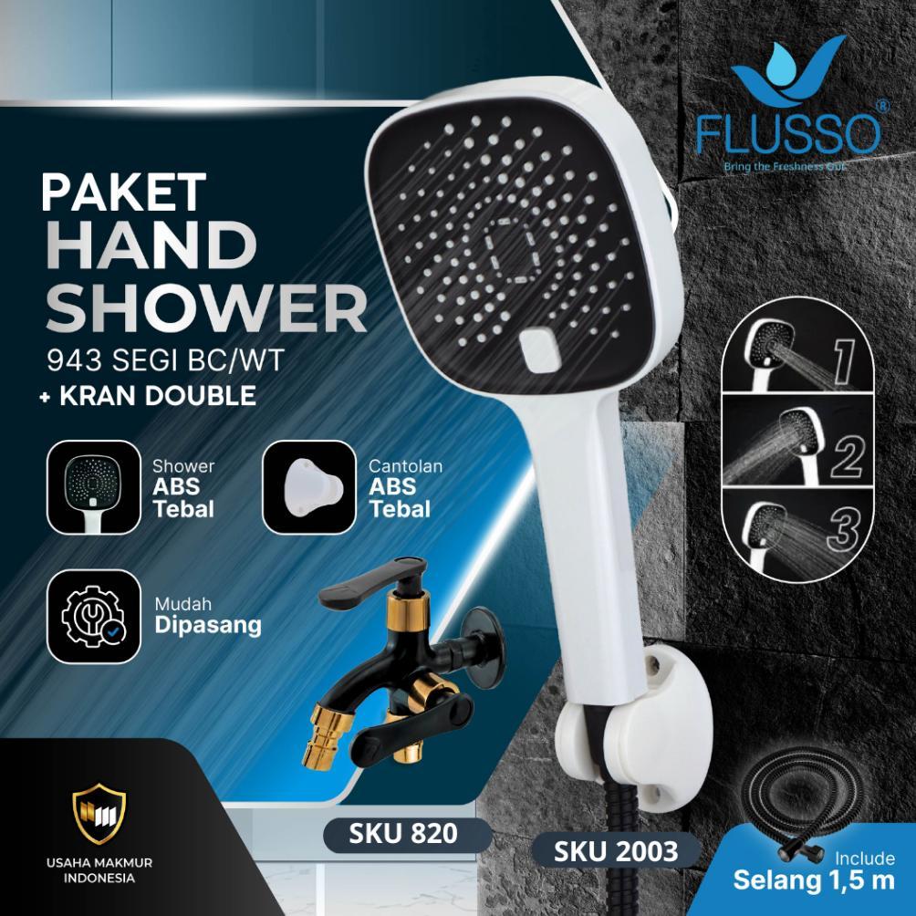 Flusso Paket Hemat Shower Set Komplit + Keran Double Black Gold Kuningan Flusso Garansi 1 Tahun