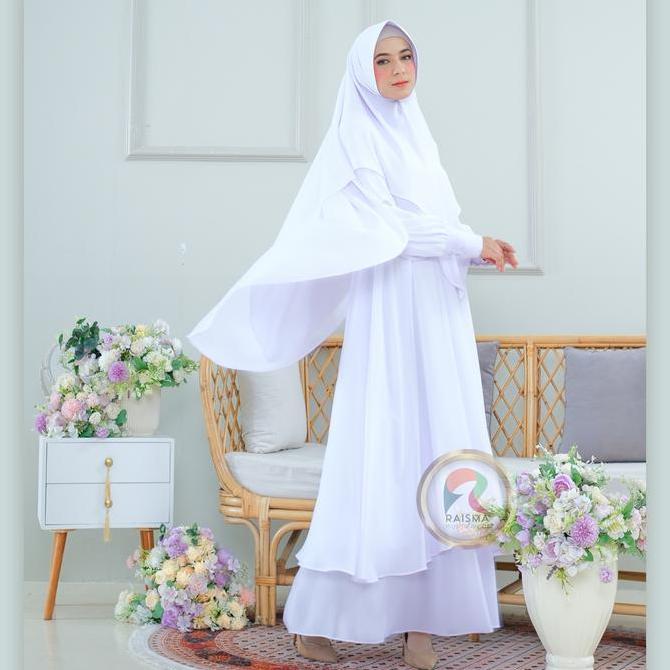 Wxwxw- Raisma - Mafaza Gamis Syar'I Putih Set Khimar Yulita Bahan Ceruti Babydoll Baju Umroh Haji Mu