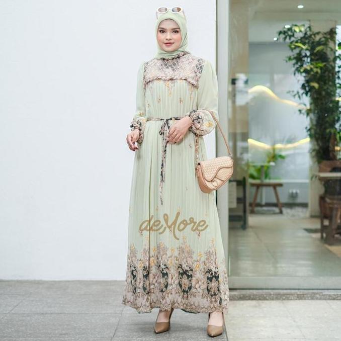 Wxwxw- Demore Gamis Kavina Maxi Rempel Pleats Kekinian - Abaya Plisket Elegan Motif Bunga Tabur - Dr