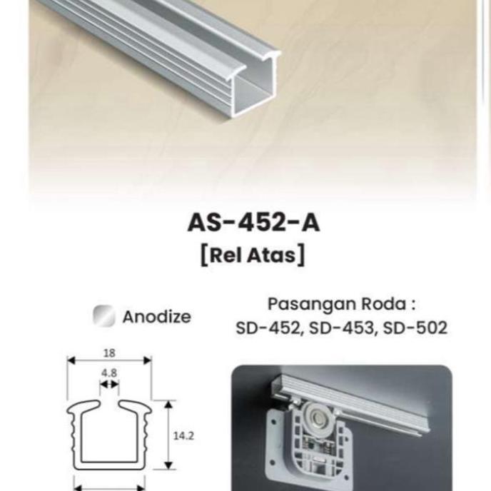 Murah Huben Roda Rel Pintu Lemari Sliding Geser Slowmotion Huben Sd-452 -2Pintu /2Meter