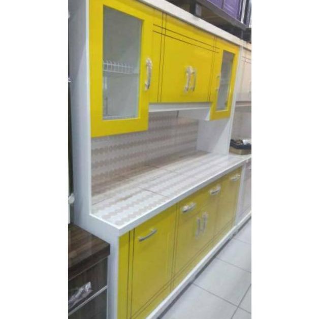 Sale Lemari Sayur Dapur Hidrolik Rak Piring Kayu 4 Pintu Jumbo Full Duco Warna Kayu Blokteak