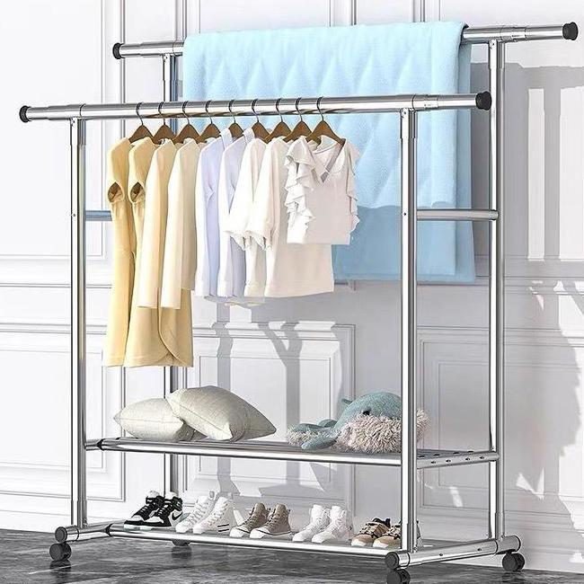 Rak Gantungan Baju Berdiri Stainless Steel Tebal Jemuran Baju Stainless Jemuran Baju Dobel Pool Roda