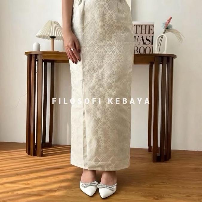 Rok Songket Span Jadi Pinggang Karet Rok Songket Wisuda Rok Kebaya Belah Rok Songket Silver Putih PM