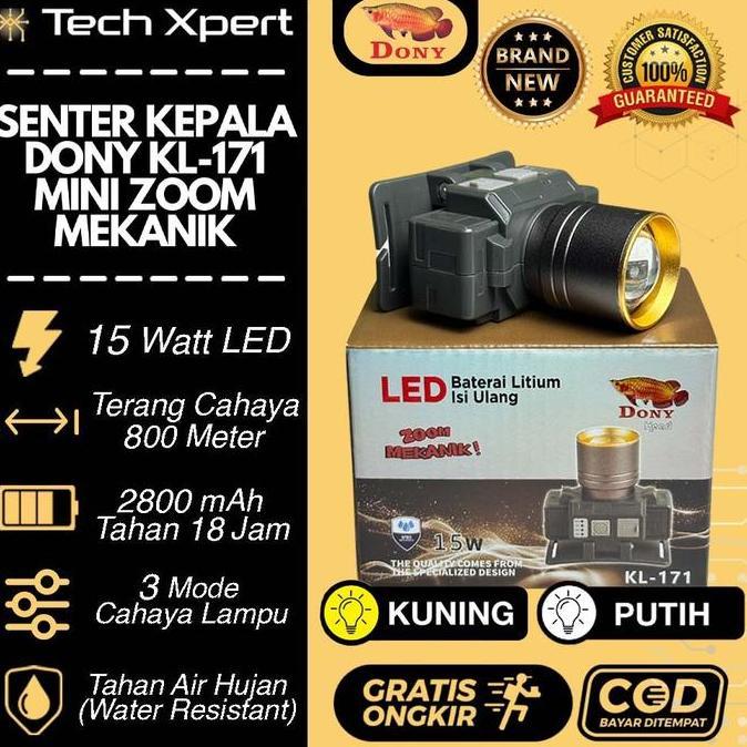 Vandring- Senter Kepala Led Dony 15 Watt Kl-171 "Mini Zoom Mekanik" Ori Anti Air Tahan Lama Outdoor