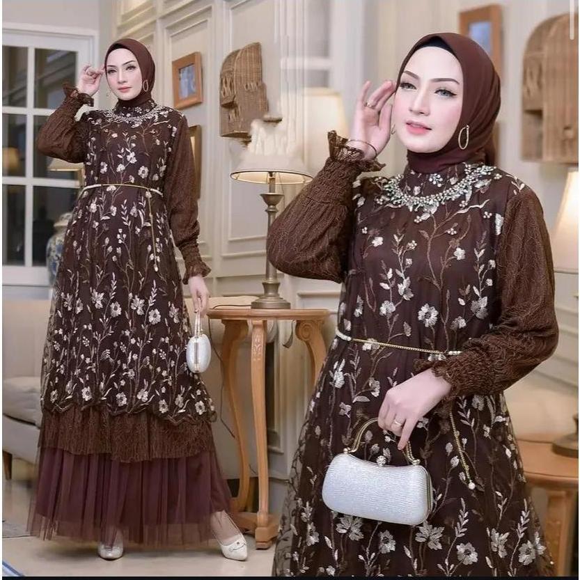 Dress  Brukat Kekinian Aira Dress Bahan Tile Bordir + Dalaman Furing Hyget Kombinasi Brokat Chantily