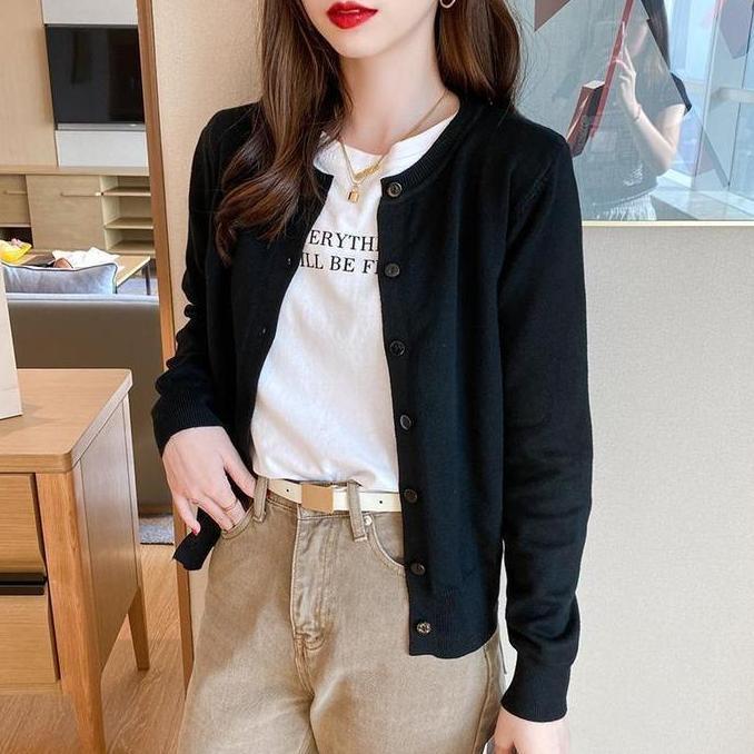 Kardigan rajutan tipis warna polos ramping lengan panjang serbaguna baru Knitwear Wanita Atasan Card