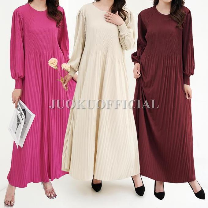 Maxi Dress Plisket Lidi Cabang Lengan Balon / Dress Lengan Panjang / Dress Panjang / Gaun Plisket Pa