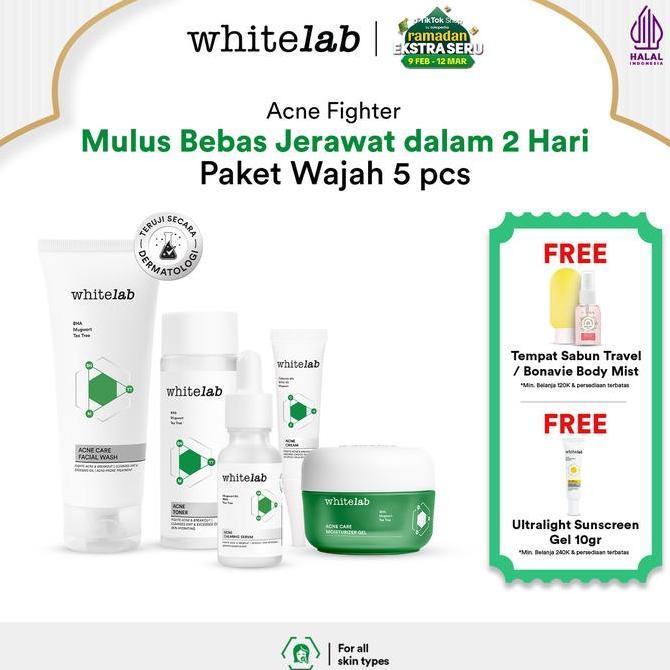 Terlaris Whitelab 5Pcs Paket Acne Lengkap - Facial Wash, Toner, Serum, Moisturizer, Acne Cream Paket