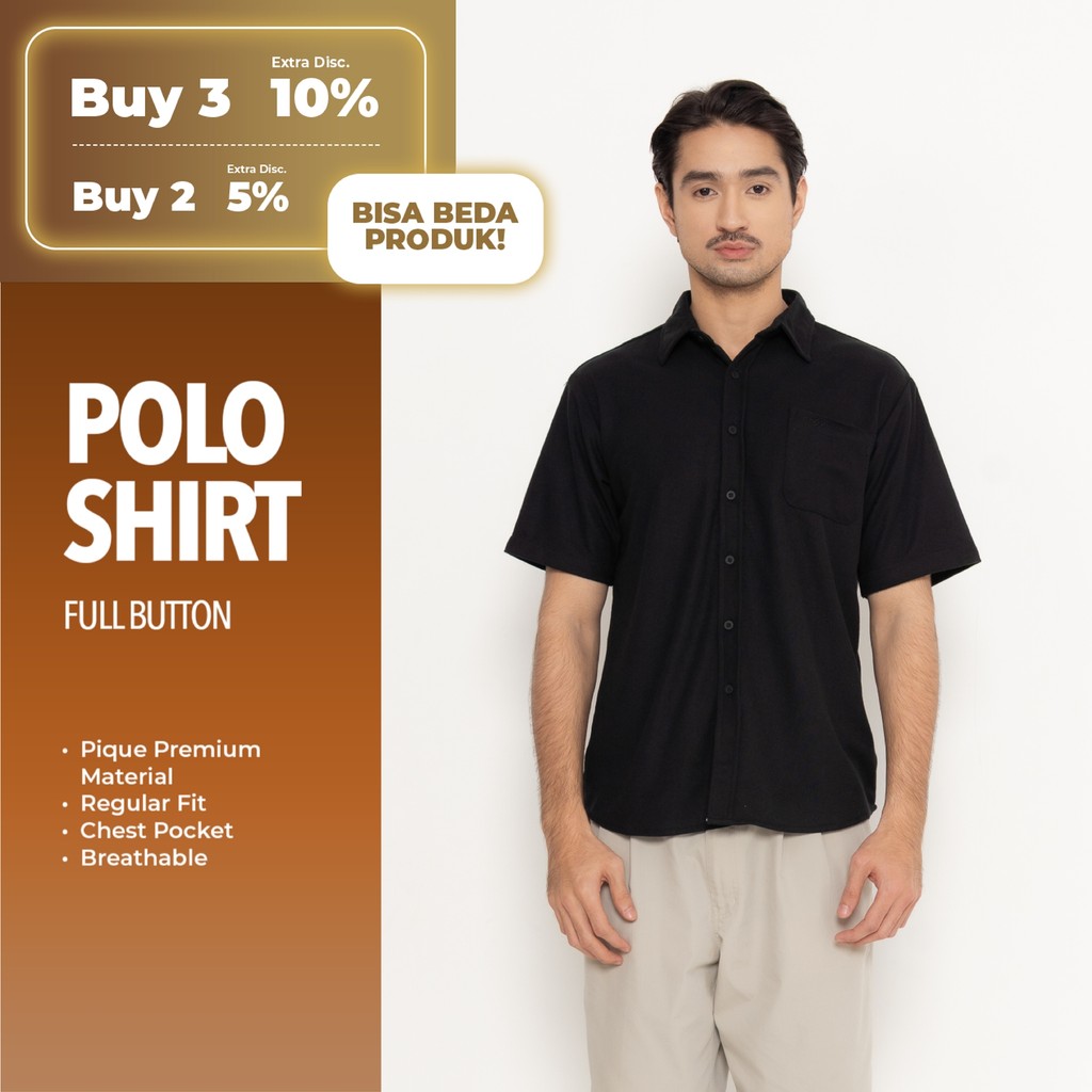 Erigo Polo Shirt Full Button Short Sleeve Fridmar Black - Kemeja Kerah Lengan Pendek Polos Unisex