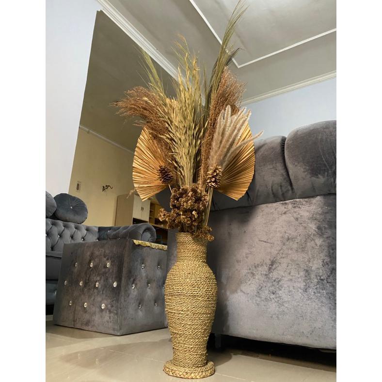 Paket Lengkap Bunga Dan Pot | Daun Palem Kering | Bunga Kering | Pampas | Rayung | Dekorasi Rustic |