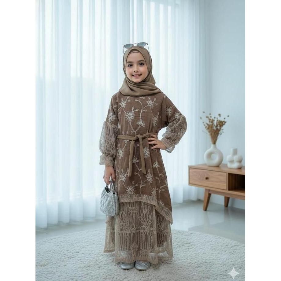 Naura Gamis Bini Orang Long Dress Anak Perempuan 2026 Free Belt Bahan Fairy Crepe Fancy Embroidery M