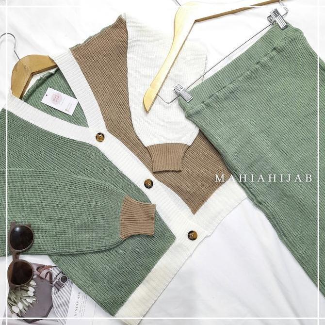 Setgirl- Yena One Set Cardigan 3Tone + Rok Rajut Span Setelan Wanita Baju Rajut Premium Rok Knit Dai