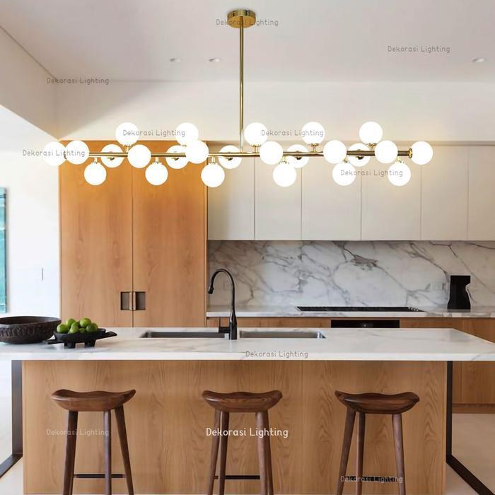 Lampu gantung gold panjang 150cm kaca susu meja makan meja island