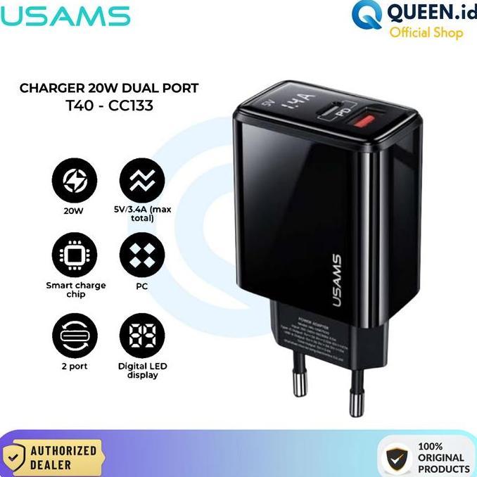 Usams T40 CC133 Charger Adaptor 20W Dual Port USB A + TYPE C PD Fast