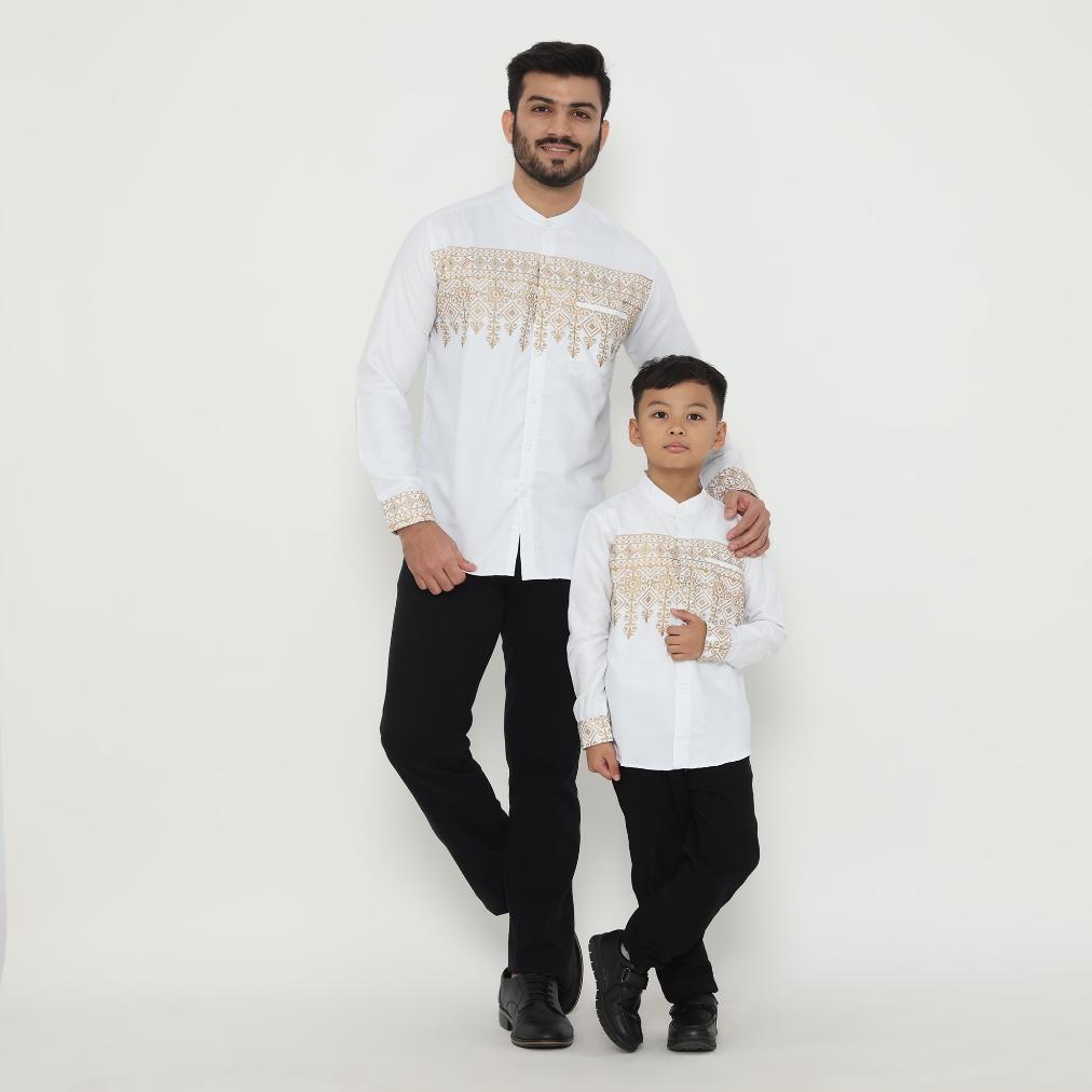 VALUE PACK Dancus Kemeja Koko Couple Ayah Anak Lengan Panjang Motif Bordir Warna Putih Emas OLRM287
