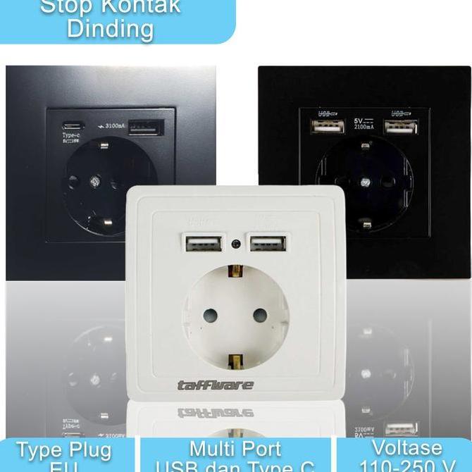 STOP KONTAK DINDING SOCKET EU MULTI PORT USB TYPE-C SMART WALL COLOKAN LISTRIK PLASTIK PROMO