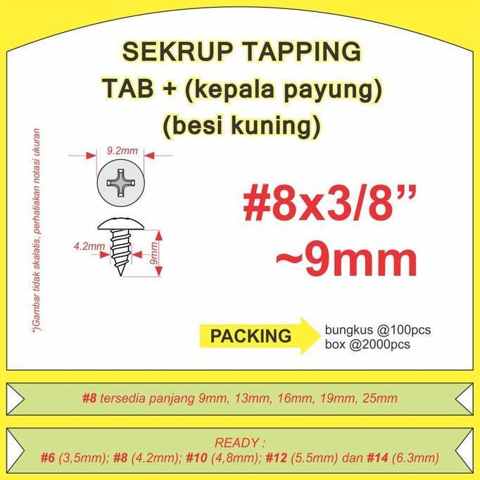 Sekrup Payung Tab - 8 X9Mm D-4.2Mm K-9.2Mm - Besi Kuning - 100Pcs Terbatas