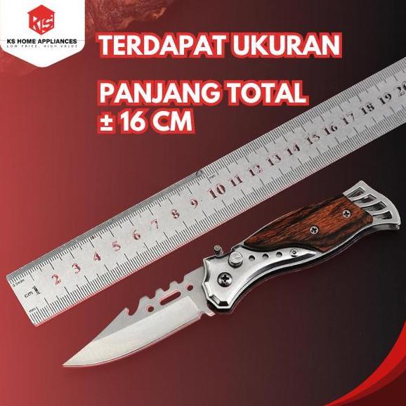 KS Pisau Lipat Outdoor Pegangan Motif Kayu Knife Stainless Pocket Premium