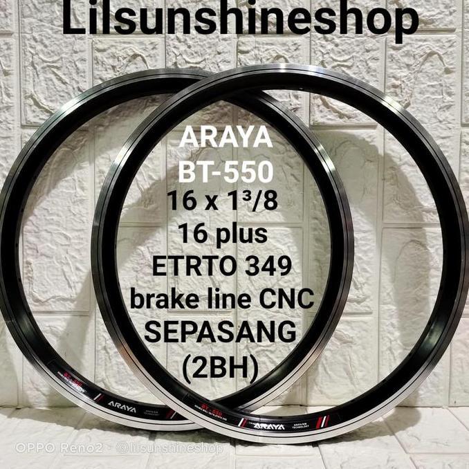 Rims Velg 16 Plus 16x1 3/8 ARAYA BT550 Lubang 28H ETRTO 349 Double Wall Brake Line Black CNC Sepeda 