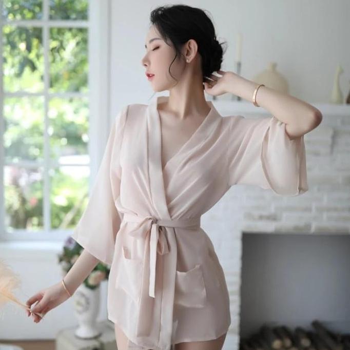 BRAVECOU Kimono Tidur Polos Semi Transparan - Gaun Tidur Seksi Lingerie Sexy Baju Tidur 1132