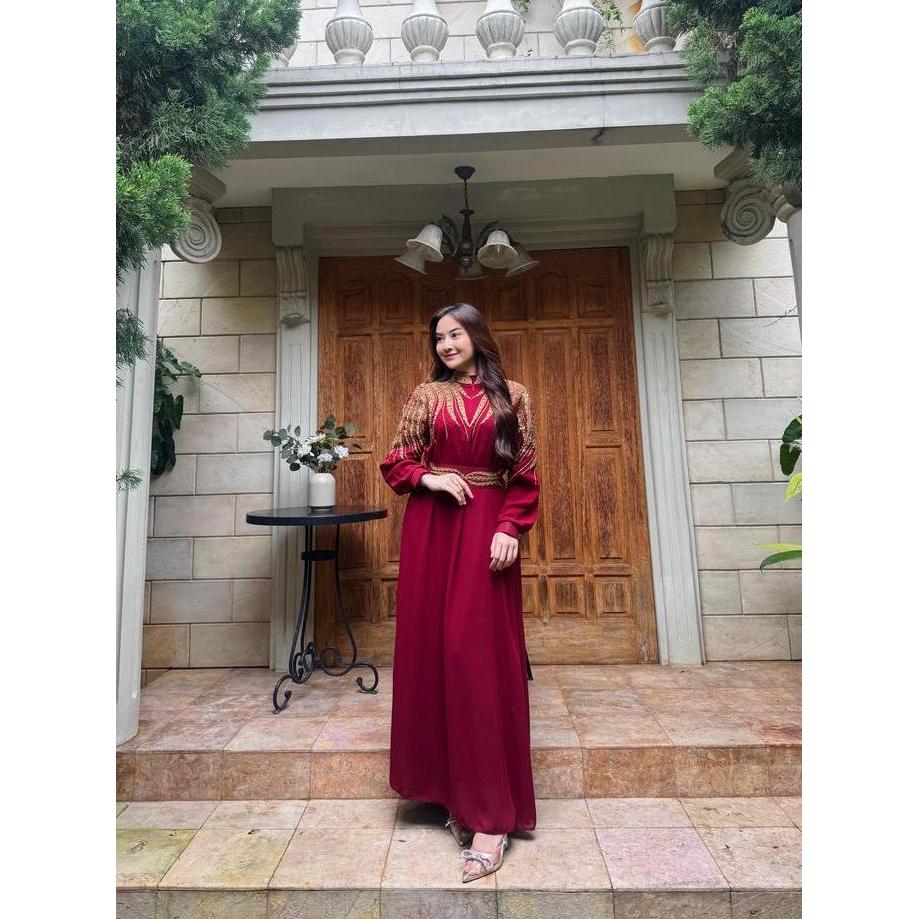 Dress Kaftan Olive Lebaran dan Kondangan Wanita Dewasa Best Seller cerutty Jatuh Zipper Mewah Busui 