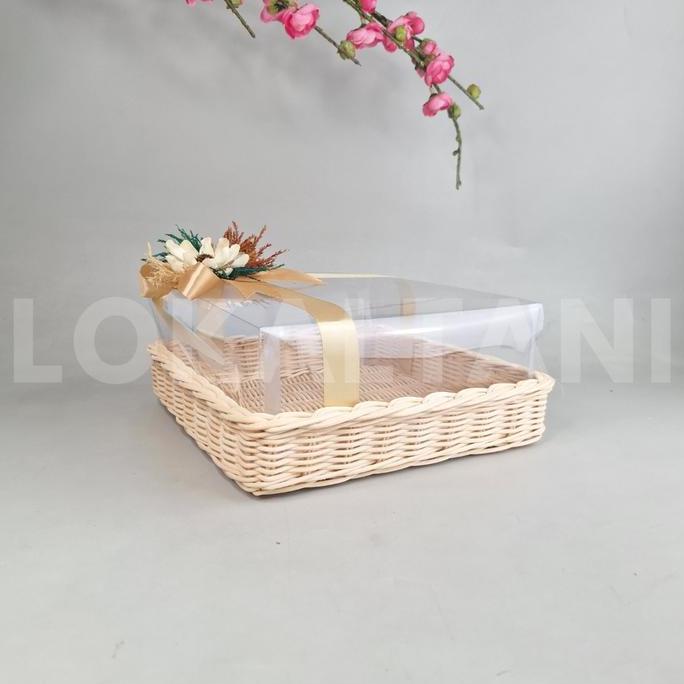 Nampan Rotan Kotak Mika/ Nampan Hantaran/ Nampan Kue mika 30 & 25 CM + Bunga Rustic C HC