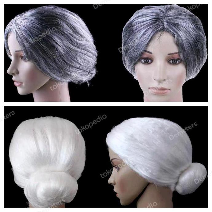 Wig rambut palsu putih abu uban sanggul nenek orang tua lansia cosplay JHS