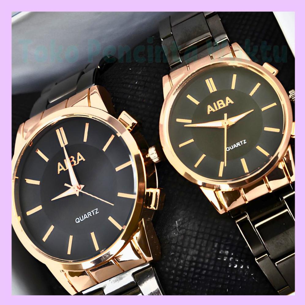 ORIGINAL (COD) Jam Tangan Couple Alba Full Hitam dan Pria Wanita Premium dengan Tali Rantai/Stell - 