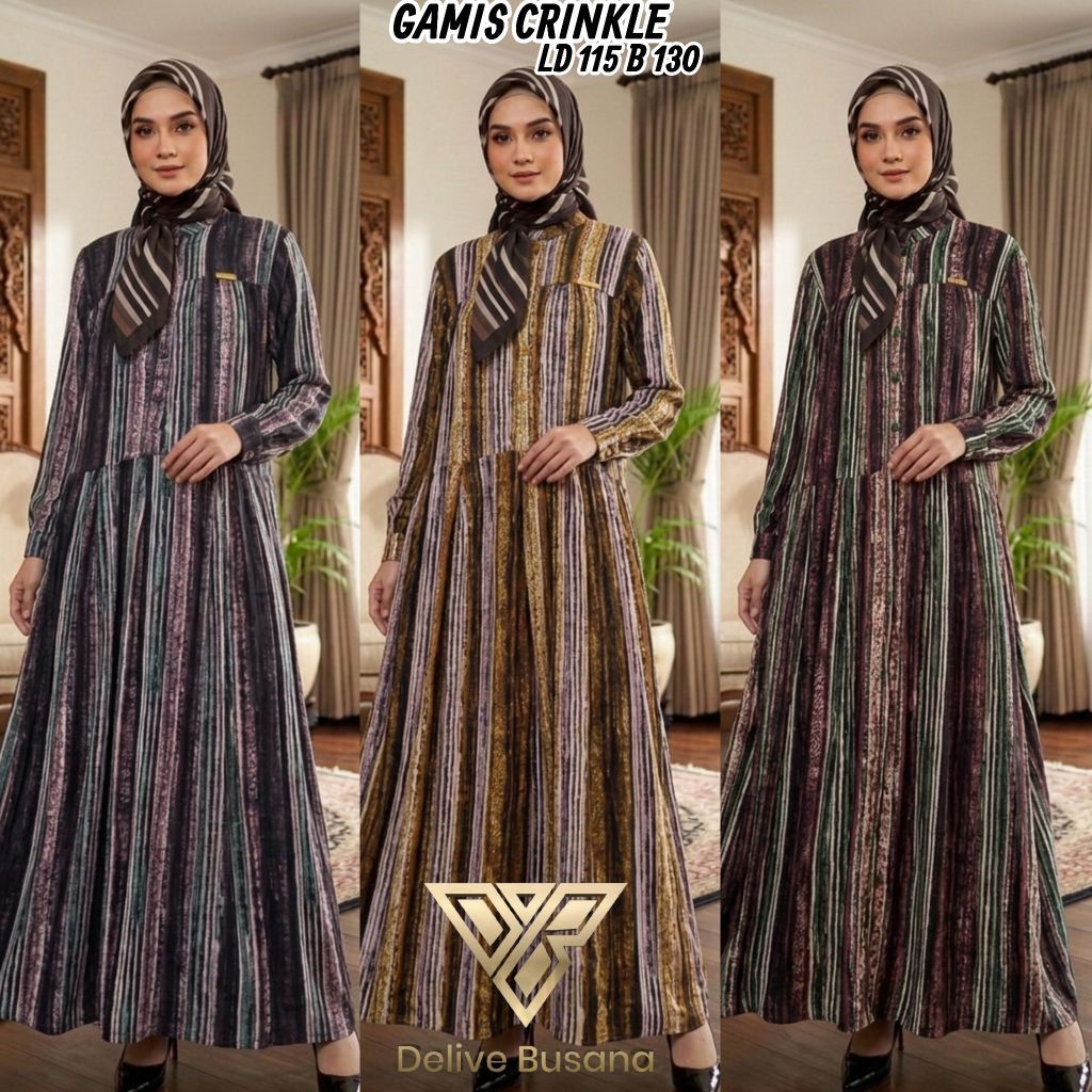 Delivebusana Gamis Crinkle motif salur abstrak //Gamis crinkle wanita dengan bahan crinkle