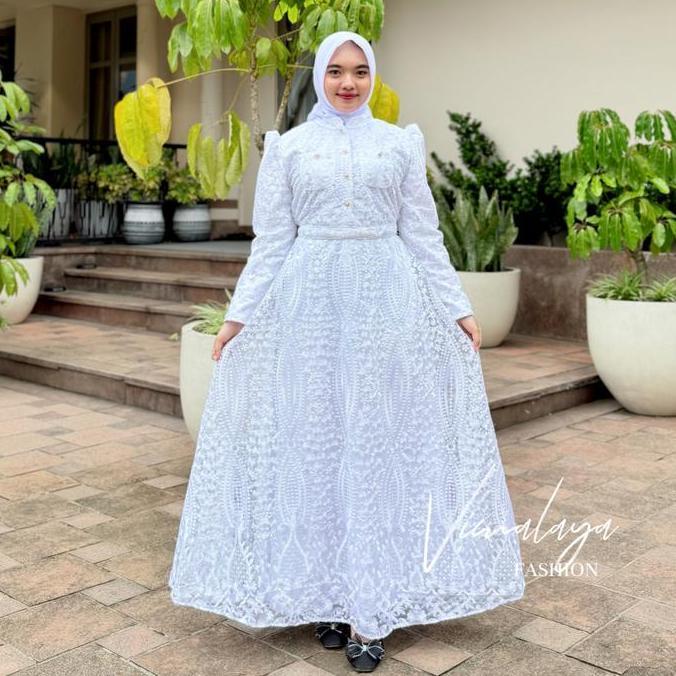 New Gamis Putih Busui Tile Full Bordir Kancing Baju Muslim Lebaran Vima Promo Lebaran