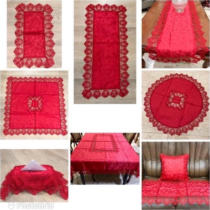 Taplak meja tamu / table runner/ taplak meja kecil / taplak bulat dan kotak model renda polos Merah 