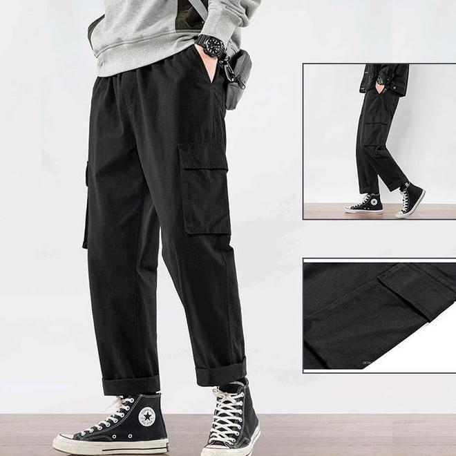 Celana Cargo Cowok Fit Hitam Casual Dewasa Hitam Panjang Pria Oversize Gombrong
