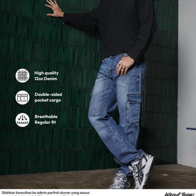 Weird Jeans - Weird Jeans Reguler Fit Blue Biru Cargo Heinz Celana Panjang
