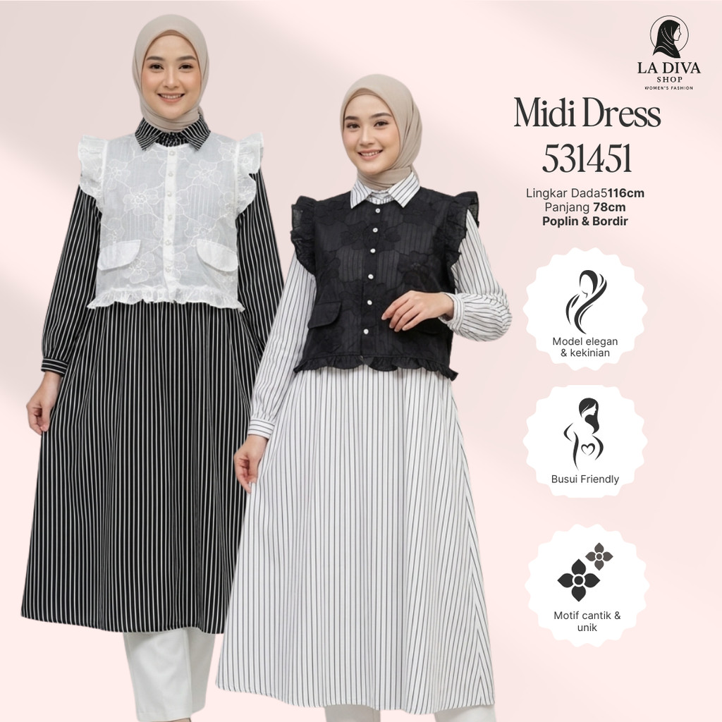 La Diva - Megan Midi Dress Motif Elegan Busui Friendly Gamis Midi Saten Salur Best Seller Fit To XL 