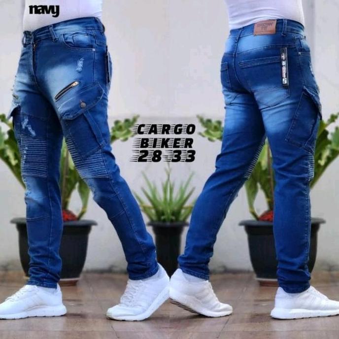 Celana Pria Jeans Cargo panjang Slimfit Premium | Celana pria jeans sobek bikers | Celana cargo jean