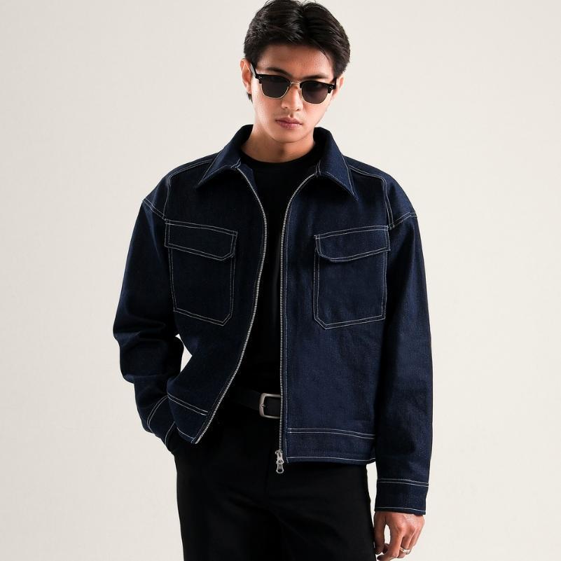 SUPER DEAL NOHAKU VELDEN DENIM BOXY DOUBLE ZIP JACKET BLUE