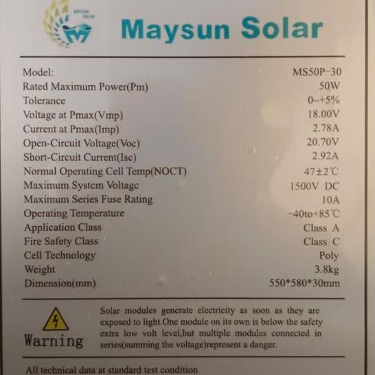 Solar Panel Poly 50WP Maysun Solar