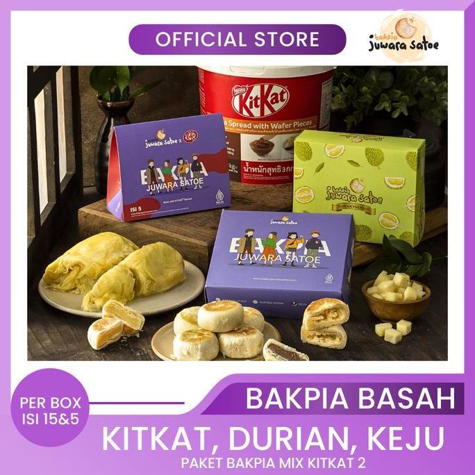 JUWARA SATOE [ 3 BOX ] PAKET BAKPIA BASAH MIX KITKAT 2 [KITKAT, DURIAN, KEJU] - JUWARA SATOE