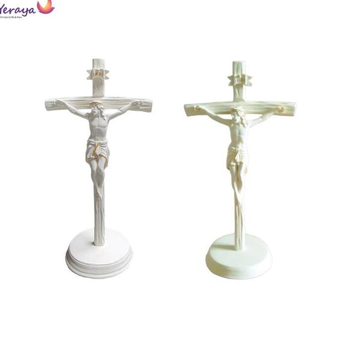 *#*#*#*#] Salib Duduk Resin Motif Kayu Full Putih 25cm Pajangan Salib Meja Salib Yesus Katolik