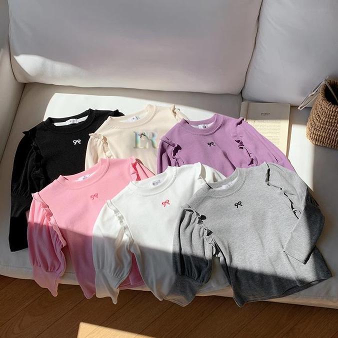 AZBOMO LNR Shop Atasan Anak Perempuan Bordir Pita Model Lengan Panjang Balon Ruffle Cotton Knit Halu