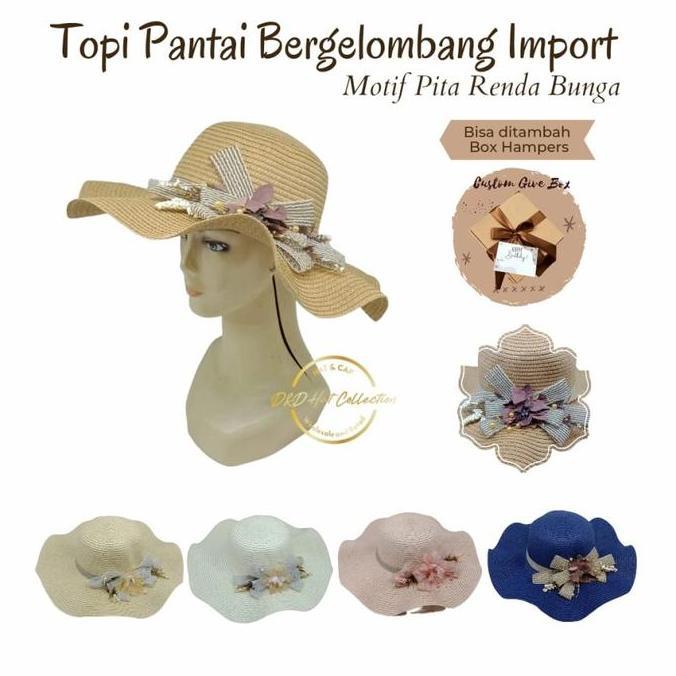 Topi Pantai Gelombang Import Pita Renda Bunga Topi Fashion Wanita
