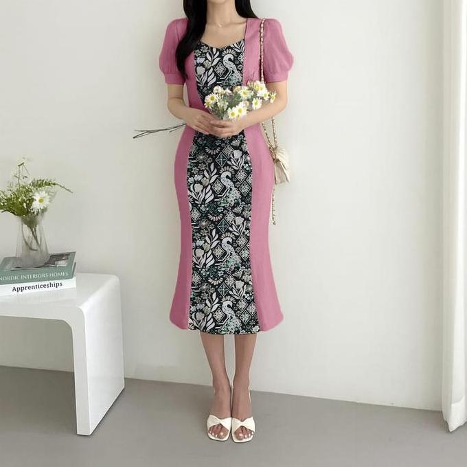 VATGUVOH Dress Batik Lengan Pendek Wanita Dress Duyung Motif Korean Style Gaun Casual Kantoran Wanit