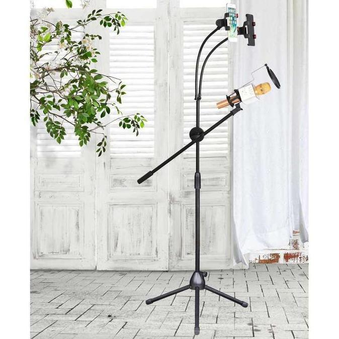 RACERPO Stand Mic Panjang Lantai Standing Tiang Microphone Berdiri Dengan 2 Holder HP Smartphone