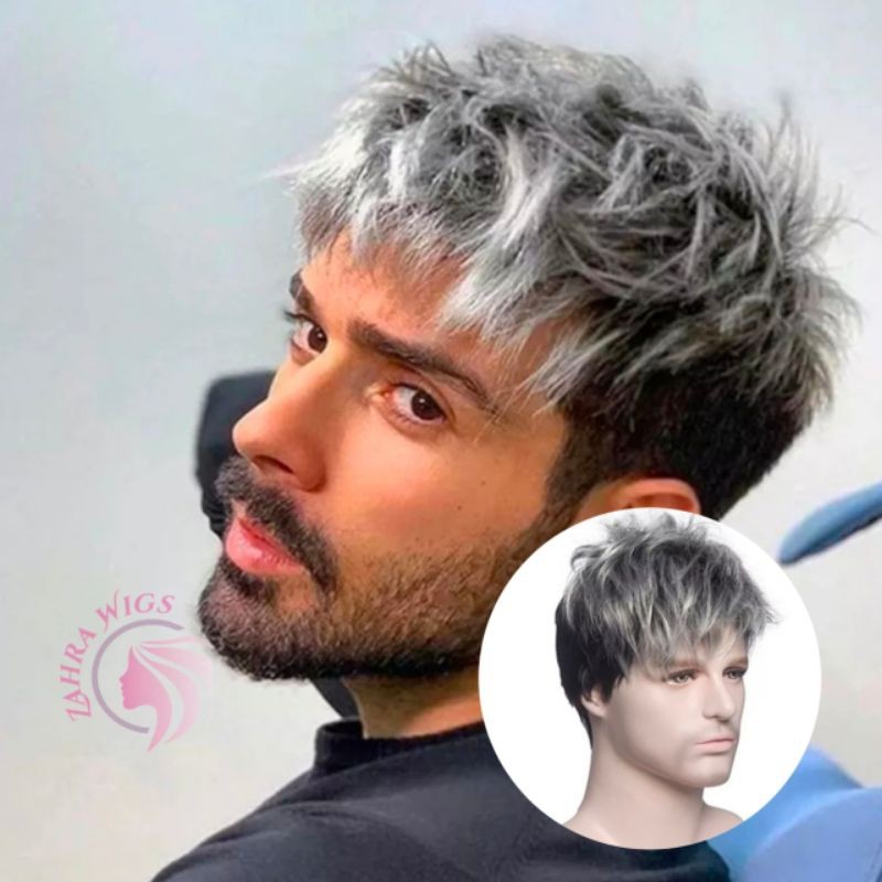 Wig Pria Rambut Pendek Straight Ombre Grey Black  Rambut Palsu Pria Alami Versi Pria India Warna Hit