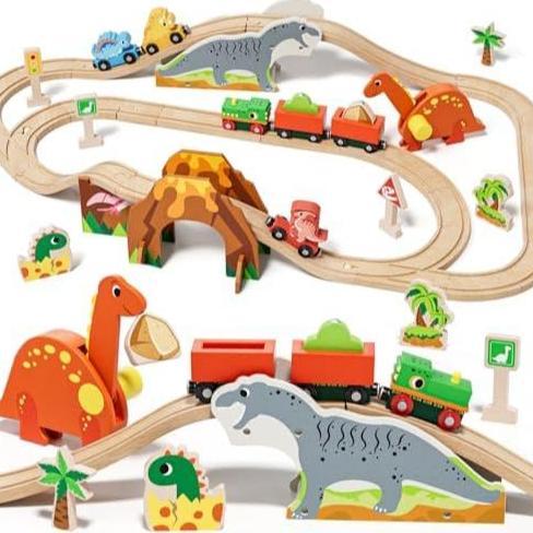 Lehoo Castle Wooden Train Set, Dinosaur Wooden Train Track Set, Wood Toy Train Set for Toddlers