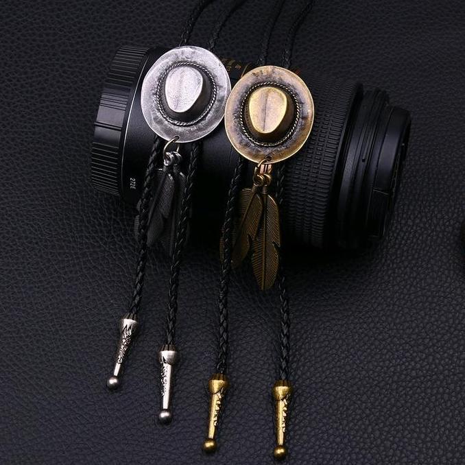 New  Bolo Tie Dasi Koboi Feather Hat Kalung Kulit Asli Cowboy Topi dan Bulu Men Vintage